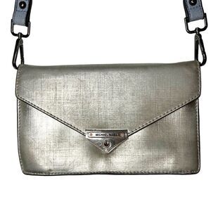 Michael Kors Metallic Grace Silver Leather Medium Envelope Clutch Bag Crossbody